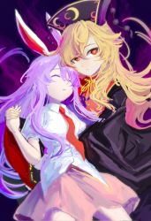 Rule 34 | 2girls, animal ears, black dress, blazer, blonde hair, chinese clothes, crescent, dress, expressionless, eyebrows hidden by hair, closed eyes, hair between eyes, hat, highres, holding hands, jacket, junko (touhou), long hair, long sleeves, looking at viewer, multiple girls, necktie, purple hair, rabbit ears, red eyes, reisen udongein inaba, shirt, short sleeves, skirt, tabard, touhou, very long hair, white shirt, whiten wolf, wide sleeves