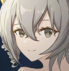 Rule 34 | 1girl, absurdres, bare shoulders, bronya zaychik, close-up, closed mouth, commentary request, drill hair, grey eyes, grey hair, hair between eyes, hair ornament, highres, honkai (series), honkai impact 3rd, looking at viewer, portrait, seele 05, smile, solo