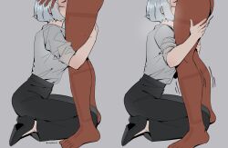 Rule 34 | 2girls, absurdres, barefoot, black footwear, black pants, blush, clothed female nude female, commentary, cunnilingus, dark-skinned female, dark skin, english commentary, grey background, grey hair, grey shirt, gundam, gundam suisei no majo, hand on another&#039;s head, hands on another&#039;s thighs, high heels, highres, ickysickly, miorine rembran, multiple girls, nude, oral, pants, shirt, short hair, simple background, standing, standing cunnilingus, suletta mercury, sweat, trembling, yuri