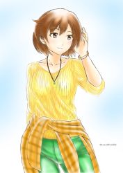 Rule 34 | 1girl, bracelet, brown hair, casual, clothes around waist, collarbone, contrapposto, cowboy shot, green pants, hiryuu (kancolle), jacket, jacket around waist, jewelry, kantai collection, komon06114592, looking to the side, official alternate costume, one-hour drawing challenge, pants, plaid, plaid jacket, ribbed sweater, shirt, shirt around waist, short hair, simple background, solo, sweater, twitter username, yellow sweater