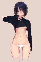 Rule 34 | 1girl, bare legs, bob cut, breasts, breasts apart, brown background, commentary request, copyright request, covered mouth, hip bones, hip focus, jiyu2, lifted by self, long sleeves, looking at viewer, lowleg, lowleg panties, navel, no pants, panties, short hair, simple background, sketch, small breasts, solo, standing, thigh gap, thong, underboob, underwear, white panties, wide hips