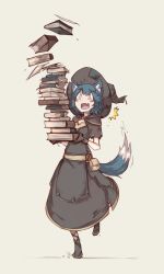 Rule 34 | 1girl, animal ears, blue hair, blush, book, capelet, deel (rkeg), falling, fang, hat, highres, open mouth, original, pouch, short hair, surprised, tail, witch, witch hat