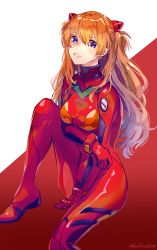 Rule 34 | 1girl, absurdres, blue eyes, bodysuit, bracer, breasts, hairpods, highres, interface headset, kachin, lips, long hair, looking at viewer, medium breasts, neon genesis evangelion, orange hair, pilot suit, plugsuit, red bodysuit, shiny clothes, shiny skin, sitting, solo, souryuu asuka langley, two side up, very long hair, wide hips