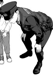 Rule 34 | 1boy, 1other, absurdres, baton (weapon), black footwear, black jacket, black pants, child, collared shirt, expressionless, from above, full body, grey vest, greyscale, hands on own knees, hat, highres, jacket, kamenreon1213, leaning forward, looking ahead, male focus, monochrome, original, pants, pointing, pointing forward, police, police hat, police uniform, shirt, shoes, short hair, simple background, sneakers, solo focus, standing, sweater, uniform, vest, weapon, white shirt