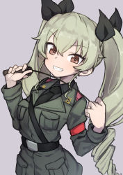 Rule 34 | 10s, 1girl, anchovy (girls und panzer), anzio military uniform, belt, black belt, black necktie, black ribbon, black shirt, commentary, dress shirt, drill hair, gazacy (dai), girls und panzer, green hair, grey background, grey jacket, grin, hair ribbon, highres, holding, jacket, long hair, long sleeves, looking at viewer, military, military uniform, necktie, red eyes, ribbon, riding crop, sam browne belt, shirt, simple background, smile, solo, standing, twin drills, twintails, uniform, upper body, v-shaped eyebrows, wing collar