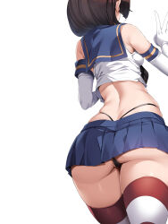 1girl absurdres ass ass_focus back black_neckerchief black_panties blue_sailor_collar blue_skirt cosplay crop_top elbow_gloves from_behind gloves highleg highleg_panties highres kantai_collection microskirt mogador_(kancolle) neckerchief panties partially_visible_vulva pleated_skirt sailor_collar shimakaze_(kancolle) shimakaze_(kancolle)_(cosplay) simple_background skirt solo striped_clothes striped_thighhighs thighhighs thong torisan underwear v white_background white_gloves