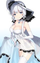 Rule 34 | 1girl, azur lane, bad id, bad pixiv id, blue eyes, blush, breasts, cleavage, elbow gloves, garter belt, gloves, hair ornament, hat, highres, illustrious (azur lane), izumo neru, large breasts, long hair, looking at viewer, mole, mole under eye, open mouth, silver hair, smile, solo, twintails, white gloves, white hat