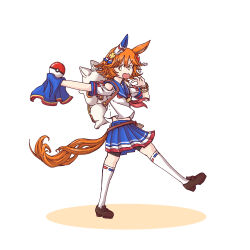 Rule 34 | 1girl, animal ears, blue sailor collar, blue skirt, brown footwear, clothing cutout, commentary request, creatures (company), ear covers, full body, game freak, hachidori (ippatsuya), hand up, holding, holding poke ball, horse ears, horse girl, horse tail, kneehighs, looking at viewer, maneki-neko, matikanefukukitaru (umamusume), neckerchief, nintendo, open mouth, orange hair, orange tail, outstretched arm, parody, pleated skirt, poke ball, pokemon, red neckerchief, sailor collar, shirt, shoes, short hair, short sleeves, shoulder cutout, simple background, single ear cover, skirt, socks, solo, standing, standing on one leg, tail, umamusume, white background, white shirt, white socks, yellow eyes