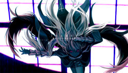Rule 34 | 00s, 1girl, bent over, black dress, black wings, cowboy shot, dress, frilled sleeves, frills, hand on own head, long hair, long sleeves, looking to the side, outstretched arm, pink eyes, rozen maiden, silver hair, solo, suigintou, very long hair, wings