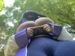 Rule 34 | 1girl, black hair, breasts, chyna chase, coat, cosplay, crotch, crotch seam, fabric, fingers together, fishnets, from below, highres, huge breasts, hyuuga hinata, looking down, mask, mouth mask, naruto (series), photo (medium), solo, surgical mask