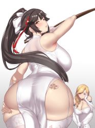Rule 34 | 2girls, ass, aster crowley, azur lane, backboob, black hair, blonde hair, blue eyes, blush, breasts, brown eyes, closed mouth, dress, from behind, garter straps, gloves, hair ornament, highres, hood (azur lane), hood (dawnlight&#039;s dame) (azur lane), large breasts, long hair, looking at viewer, looking back, multiple girls, official alternate costume, ponytail, smile, takao (azur lane), takao (the lessons of spring) (azur lane), thighhighs, thighs, white background, white dress, white gloves, white thighhighs