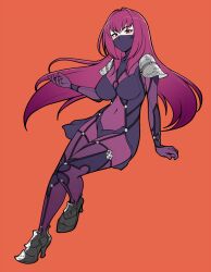 Rule 34 | 1girl, armor, black footwear, bodysuit, breasts, fate/grand order, fate (series), full body, high heels, impossible bodysuit, impossible clothes, jam-orbital, large breasts, long hair, looking at viewer, mask, mouth mask, purple bodysuit, purple eyes, purple hair, scathach (fate), scathach (first ascension) (fate), shoulder armor, showgirl skirt, solo