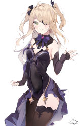Rule 34 | 1girl, bare shoulders, black gloves, black thighhighs, blonde hair, blush, bodystocking, bow, breasts, elbow gloves, eyepatch, fischl (genshin impact), garter straps, genshin impact, gloves, green eyes, hair over one eye, highres, long hair, looking at viewer, medium breasts, purple bow, sai (saipoko), single leg pantyhose, single thighhigh, solo, thighhighs, thighs, two side up