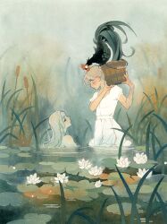 Rule 34 | 2girls, bird, chicken, closed eyes, flower, highres, lake, looking at another, lotus, multiple girls, nature, original, partially submerged, riikkapaints, wading