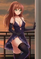 Rule 34 | 1girl, bang dream!, black gloves, blurry, blurry background, blush, breasts, brown hair, cleavage, closed mouth, clothes lift, cloud, cloudy sky, collarbone, commentary, depth of field, dress, dress lift, elbow gloves, gloves, green eyes, groin, hair between eyes, high ponytail, highres, imai lisa, kazenokaze, lace, lace-trimmed gloves, lace trim, lifted by self, long hair, medium breasts, no panties, ponytail, purple dress, purple thighhighs, railing, sky, sleeveless, sleeveless dress, smile, solo, standing, standing on one leg, sunset, thighhighs, very long hair