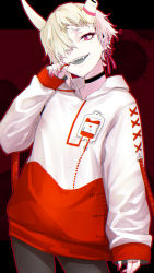 Rule 34 | 1girl, :d, black choker, black pantyhose, broken horn, choker, copyright request, fang, hair over one eye, head tilt, highres, hood, hood down, hoodie, horns, long sleeves, looking at viewer, nail polish, open mouth, pantyhose, pink nails, puffy long sleeves, puffy sleeves, red eyes, sharp teeth, sleeves past wrists, smile, solo, teeth, tomozero, virtual youtuber, white hair, white hoodie