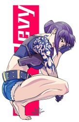 Rule 34 | 1girl, arm tattoo, barefoot, black lagoon, black tank top, breasts, brown eyes, brown hair, commentary request, crop top, dated, denim, denim shorts, facepalm, fingerless gloves, from side, frown, full body, gloves, highres, holster, large breasts, micro shorts, mimiyama kiichi, neck tattoo, open mouth, ponytail, revy (black lagoon), shorts, shoulder holster, shoulder tattoo, signature, solo, squatting, tank top, tattoo