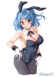 Rule 34 | 1girl, animal ears, bare shoulders, blue eyes, blue hair, bow, bowtie, breasts, cleavage, cowboy shot, detached collar, double bun, ebifurya, gloves, hair bun, highres, kantai collection, large breasts, leotard, medium hair, one-hour drawing challenge, pantyhose, playboy bunny, rabbit ears, rabbit tail, simple background, tail, twitter username, urakaze (kancolle), white background, wrist cuffs