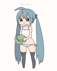 Rule 34 | 1girl, :3, ahoge, blue eyes, blue hair, cabbage, camisole, chibi, hatsune miku, highres, holding, icon 315, long hair, panties, polka dot, side-tie panties, simple background, solo, striped clothes, striped panties, thighhighs, twintails, underwear, very long hair, vocaloid