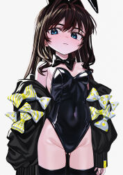 Rule 34 | 1girl, animal ears, black bow, black bowtie, black jacket, black leotard, black thighhighs, blue eyes, blush, bow, bowtie, breasts, brown hair, clothes down, covered navel, cowboy shot, elisia valfelto, eyebrows hidden by hair, fake animal ears, gluteal fold, hair intakes, highleg, highleg leotard, highres, jacket, leotard, long hair, looking at viewer, luicent, open clothes, open jacket, original, playboy bunny, rabbit ears, simple background, small breasts, smile, solo, strapless, strapless leotard, thighhighs, white background