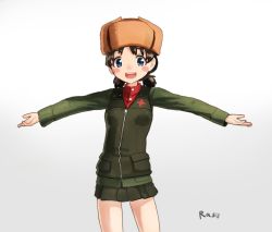 Rule 34 | 1girl, :d, artist name, black skirt, black vest, blue eyes, brown hair, brown hat, commentary request, cowboy shot, dnjd15411541, fur hat, girls und panzer, green jacket, hat, highres, insignia, jacket, korean commentary, long sleeves, low twintails, nina (girls und panzer), open mouth, outstretched arms, pleated skirt, pravda military uniform, red shirt, shirt, short hair, short twintails, simple background, skirt, smile, solo, turtleneck, twintails, ushanka, vest, white background