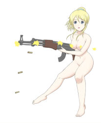 Rule 34 | 10s, 1girl, ayase eli, barefoot, blonde hair, blue eyes, breasts, censored, censored nipples, convenient censoring, firing, full body, gun, hair ornament, hair scrunchie, holding, holding gun, holding weapon, korokorokoro, large breasts, love live!, love live! school idol project, medium hair, navel, nude, open mouth, ponytail, scrunchie, simple background, solo, weapon, white background