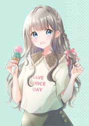 Rule 34 | 1girl, :d, aqua background, blouse, blue eyes, blush, bow, braid, buttons, collar, collared shirt, english text, female focus, food, frilled collar, frills, grey hair, hair bow, halftone, highres, holding, holding food, hoshiibara mato, ice cream, ice cream cone, long hair, looking at viewer, open mouth, original, pink bow, playing with own hair, shirt, side braid, single braid, skirt, smile, solo, wavy hair
