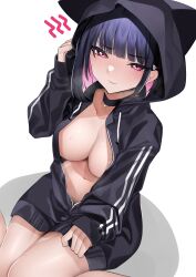Rule 34 | 1girl, animal ear hood, black choker, black hair, black jacket, blue archive, blush, breasts, breath, choker, closed mouth, colored inner hair, embarrassed, fake animal ears, feet out of frame, highres, hood, hood up, hooded jacket, jacket, kazusa (blue archive), keishi surota, looking at viewer, medium breasts, multicolored hair, naked jacket, navel, no bra, open clothes, open jacket, pink hair, red eyes, short hair, simple background, sitting, sleeves past wrists, solo, sweat, two-tone hair, white background