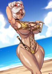 Rule 34 | 1girl, absurdres, animal print, arm behind head, armpits, artist name, beach, breasts, choker, cloud, fingernails, flute, glasses, goggles, goggles on head, highres, holding, instrument, large breasts, leopard print, lips, looking at viewer, navel, nintendo, o-ring, ocean, outdoors, parted lips, purah, red eyes, red nails, round eyewear, shiny skin, sky, solo, steve chopz, swim goggles, swimsuit, tan, the legend of zelda, the legend of zelda: tears of the kingdom, thick thighs, thighs, water, wet, white hair, wide hips