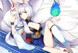 Rule 34 | 1girl, animal ears, azur lane, blue eyes, blue fire, blue skirt, blush, breasts, cleavage, closed mouth, collar, egasumi, fire, flight deck, fox ears, fox girl, fox tail, highres, holding, holding mask, japanese clothes, kaga (azur lane), kimono, kitsune, knee up, kneehighs, kyuubi, large breasts, long sleeves, looking at viewer, luse maonang, mask, unworn mask, multiple tails, open clothes, open kimono, short hair, silver hair, sitting, skirt, smile, socks, solo, sweatband, tail, tassel, thighs, tsurime, underbust, white background, white kimono, white socks, wide sleeves