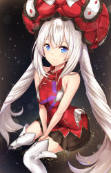 Rule 34 | 1girl, arched back, bare shoulders, between legs, black skirt, blue eyes, blush, breasts, cleavage, closed mouth, fate/grand order, fate (series), hair between eyes, halterneck, hand between legs, hat, highres, invisible chair, long hair, looking at viewer, marie antoinette (fate), medium breasts, pleated skirt, red hat, sidelocks, silver hair, sitting, skirt, smile, solo, sparkle, twintails, untue, v arms, very long hair