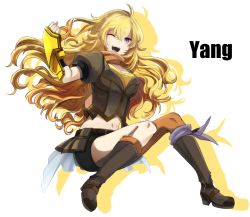 Rule 34 | 1girl, ;d, blonde hair, boots, brown footwear, character name, knee boots, long hair, looking at viewer, mate@juken, midriff, navel, one eye closed, open mouth, rwby, smile, solo, wink, yang xiao long