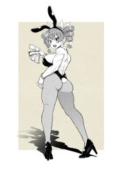 Rule 34 | 1girl, :d, animal ears, ass, back, bracelet, breasts, drill hair, earrings, fishnets, from behind, hair between eyes, hair ribbon, high heels, highres, himajin noizu, jewelry, large breasts, legs, leotard, looking at viewer, looking back, money, monochrome, muscular, muscular female, open mouth, playboy bunny, rabbit ears, rabbit tail, ribbon, ring, sideboob, smile, solo, tail, touhou, twin drills, yorigami jo&#039;on