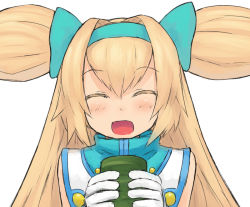 Rule 34 | 1girl, :d, ^ ^, arc system works, blazblue, blazblue: continuum shift, blonde hair, chiwino, closed eyes, cup, hairband, holding, long hair, open mouth, platinum the trinity, simple background, smile, solo, twintails, two side up, white background