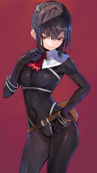 Rule 34 | 1girl, ascot, belt, belt pouch, black bodysuit, bodysuit, bracelet, breasts, brown hair, commentary request, hand on own chest, hand on own hip, highres, jewelry, original, pouch, red background, red eyes, small breasts, solo, taishi (picchiridou)