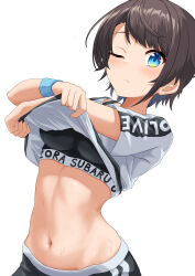 Rule 34 | 1girl, absurdres, aqua eyes, breasts, brown hair, character name, clothes lift, commentary request, highres, hololive, hololive dance practice uniform, medium breasts, midriff, navel, nushiya (ayihsem), official alternate costume, one eye closed, oozora subaru, shirt lift, short hair, shorts, simple background, solo, sports bra, stomach, sweat, sweatband, virtual youtuber, white background