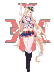 Rule 34 | 1girl, absurdres, blonde hair, blue eyes, boots, borrowed character, breasts, choker, cleavage, commentary request, elbow gloves, enterprise (warship girls r), full body, gloves, hair ornament, hand up, hat, highres, jewelry, kamen rider, knee boots, lazgear, logo, long hair, looking at viewer, medium breasts, midriff, miniskirt, navel, open mouth, peaked cap, pendant, pleated skirt, school uniform, serafuku, skirt, solo, star (symbol), star hair ornament, thighhighs, thighhighs under boots, very long hair, warship girls r, white background, white gloves, white thighhighs