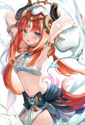 Rule 34 | 1girl, armpits, arms up, blue eyes, breasts, cowboy shot, detached sleeves, genshin impact, highres, horns, long hair, long sleeves, looking at viewer, low twintails, medium breasts, midriff, navel, nilou (genshin impact), open mouth, pelvic curtain, red hair, revealing clothes, satoupote, smile, solo, stomach, thighs, twintails, very long hair