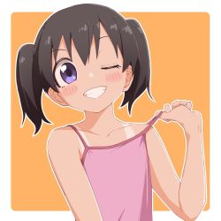 Rule 34 | 1girl, bare arms, bare shoulders, black hair, blush, brown background, camisole, collarbone, commentary request, grin, hair between eyes, highres, kuraue hinata, looking at viewer, one eye closed, pink camisole, pulling own clothes, purple eyes, smile, solo, strap pull, tan, tanline, twintails, two-tone background, upper body, white background, yachima tana, yama no susume