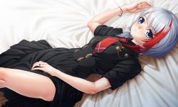 Rule 34 | 1girl, admiral graf spee (azur lane), admiral graf spee (girl&#039;s sunday) (azur lane), azur lane, bed sheet, black dress, blue eyes, blush, breasts, buttons, dress, haraguro jakku, highres, jewelry, looking at viewer, lying, medium breasts, multicolored hair, necktie, on back, red necktie, ring, shiny skin, short hair, short sleeves, sidelocks, silver hair, solo, streaked hair, thighs