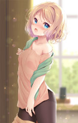 Rule 34 | 1girl, bare shoulders, black pantyhose, blue eyes, blurry, blush, breasts, brown hair, clothes pull, commentary request, depth of field, from side, komone ushio, light brown hair, looking at viewer, original, pantyhose, short hair, small breasts, solo, sweat, window