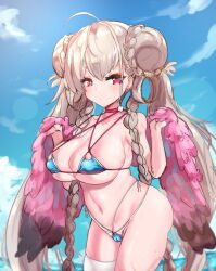 Rule 34 | 1girl, azur lane, bikini, blue sky, breasts, formidable (azur lane), formidable (the lady of the beach) (azur lane), grey hair, highres, large breasts, looking at viewer, pink hair, rayno, sky, solo, standing, swimsuit