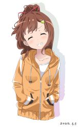 Rule 34 | 1girl, breasts, brown hair, cropped torso, closed eyes, grin, hands in pockets, high school fleet, highres, hood, hooded jacket, hoodie, irizaki mei, jacket, long hair, looking at viewer, orange jacket, ponytail, shachiku-man, shirt, simple background, small breasts, smile, solo, upper body, white background, white shirt
