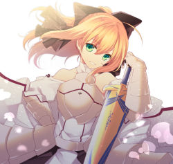 Rule 34 | 1girl, agekichi (heart shape), ahoge, armor, armored dress, artoria pendragon (fate), bad id, bad pixiv id, bare shoulders, blonde hair, fate/stay night, fate/unlimited codes, fate (series), green eyes, ponytail, saber (fate), saber lily, simple background, solo, sword, weapon