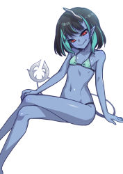 Rule 34 | 1girl, nanashi inc., alternate costume, alternate skin color, bikini, black hair, blue bikini, blue hair, blue skin, closed mouth, colored skin, commentary request, crossed legs, demon girl, demon horns, demon tail, fang, feet out of frame, flat chest, heebee, horns, invisible chair, looking at viewer, medium hair, multicolored hair, navel, pointy ears, red eyes, shishio chris, simple background, sitting, smile, solo, sugar lyric, swimsuit, tail, two-tone hair, virtual youtuber, white background