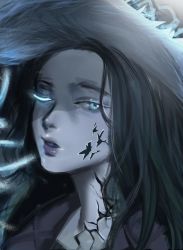 Rule 34 | 1girl, black hair, blue eyes, blue skin, colored skin, cracked skin, elden ring, hat, highres, kumatanz, long hair, looking at viewer, one eye closed, parted lips, ranni the witch, solo