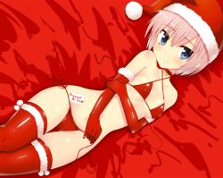 Rule 34 | 1girl, bell, blue eyes, blush, bra, breasts, card, choker, christmas, elbow gloves, english text, fur-trimmed gloves, fur-trimmed headwear, fur-trimmed legwear, fur trim, gift, gift card, gloves, hat, jingle bell, lingerie, looking at viewer, lying, original, panties, pink hair, pom pom (clothes), red bra, red gloves, red hat, red panties, red thighhighs, santa hat, short hair, side-tie panties, small breasts, smile, solo, teruteru-deru, thighhighs, underwear, undressing, untied panties