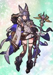 Rule 34 | 1girl, :&lt;, absurdres, animal ears, armpits, between breasts, boots, breasts, cleavage, cleavage cutout, clothing cutout, commentary request, detached sleeves, dress, erune, fanny pack, full body, gloves, granblue fantasy, hair ornament, highres, holding, holding staff, jacket, medium breasts, nicolanicconico, purple hair, shading eyes, short dress, sleeveless, sleeveless dress, sleeveless jacket, solo, staff, strap between breasts, thighhighs, tikoh, white dress, white gloves, white jacket, yellow eyes