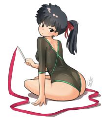 1girl ass athletic_leotard black_eyes black_hair geraldjess1 highres kunou_kodachi leotard long_hair looking_at_viewer looking_back ponytail ranma_1/2 simple_background sitting solo white_background