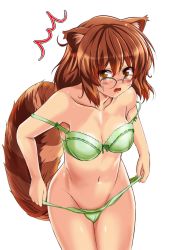 Rule 34 | 1girl, ^^^, animal ears, bare shoulders, blush, bra, breasts, brown eyes, brown hair, collarbone, futatsuiwa mamizou, glasses, green bra, green panties, groin, highres, honda takaharu, lifting own clothes, looking at viewer, navel, no pants, no shirt, off shoulder, open mouth, panties, panty lift, panty pull, pince-nez, pulling own clothes, raccoon ears, raccoon tail, simple background, solo, strap slip, surprised, sweatdrop, tail, tanuki, touhou, underwear, underwear only, undressing, white background
